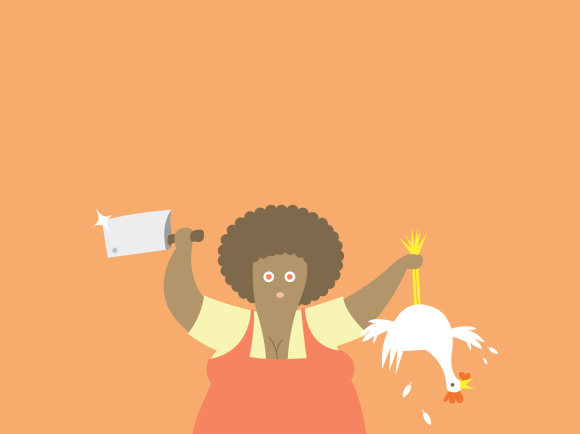 Une femme tenant un poulet